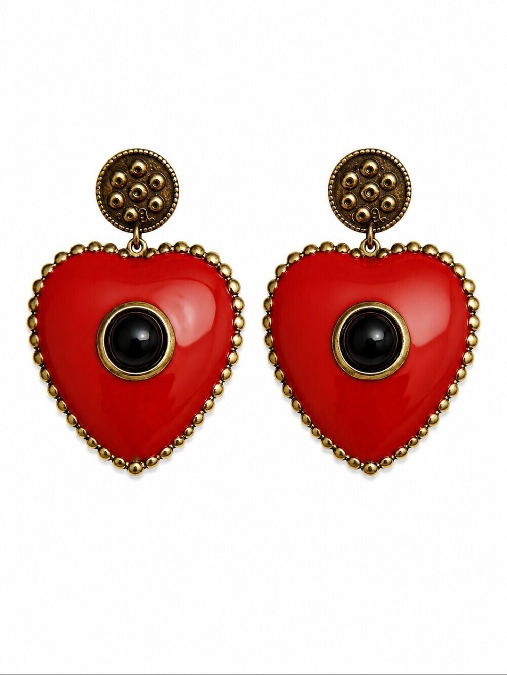 Vtg 1980s Large Funky Statement Heart Red and Black Festival Metal Earrings